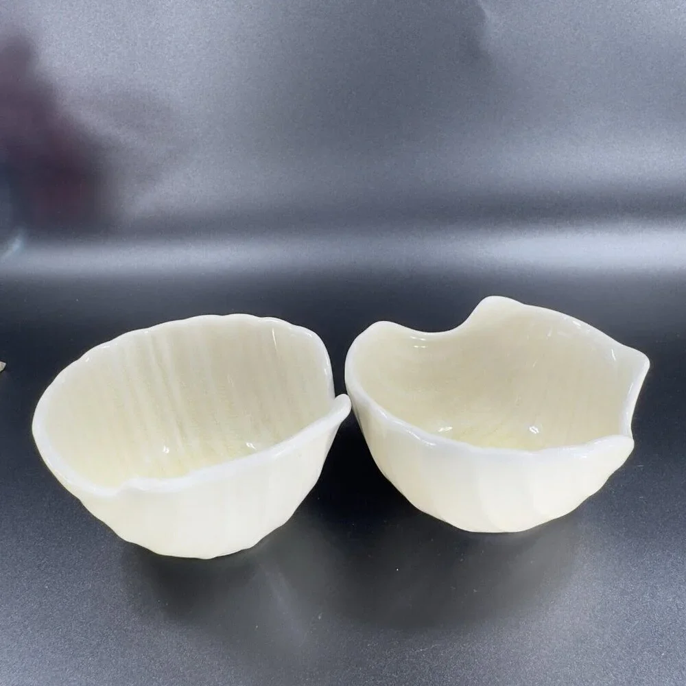 Pier 1 Imports Ivory Crackle Glaze Ceramic Shell Shape Dish Small Bowl Set 2 VTG